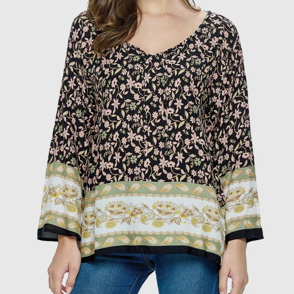Yak & Yeti Black and Pink Floral Blouse
